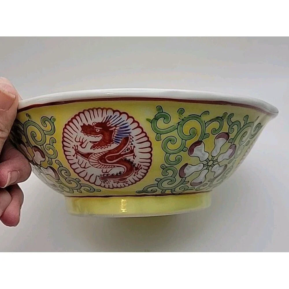 Vintage Asian Hand Painted Yellow Dragon Bowl 7⅝'' x 2½